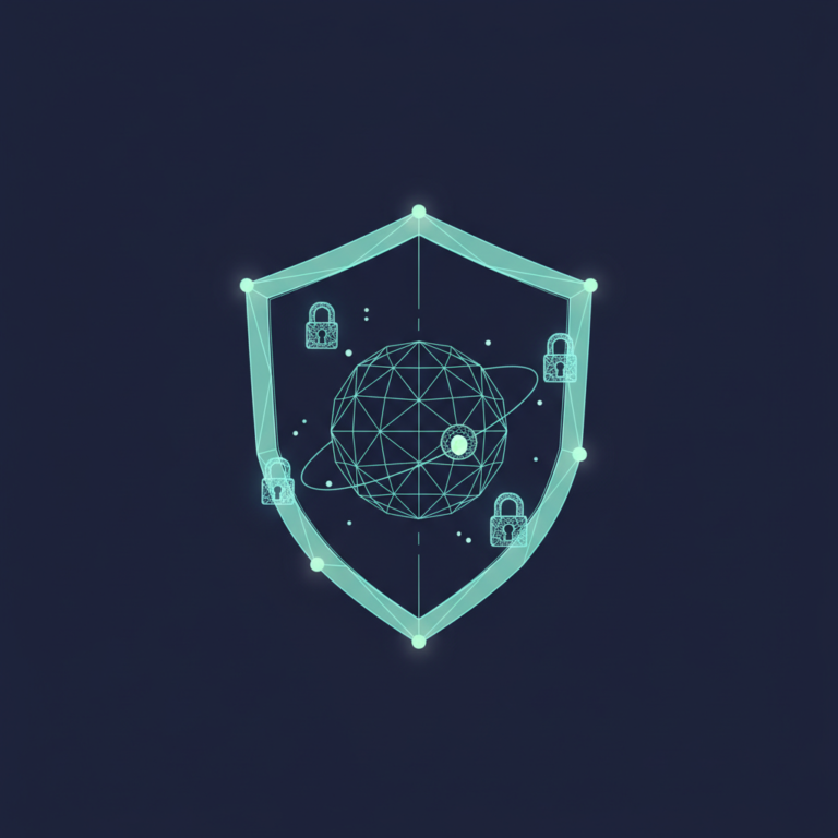 a stylized low-poly wireframe shield silhouette over a small globe-icon with a few orbiting padlock silhouettes