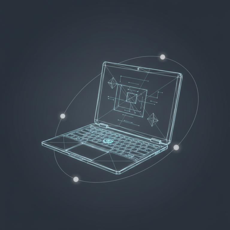 a stylized low-poly wireframe open-laptop seen from a three-quarter angle with a small power-icon glowing on its keyboar