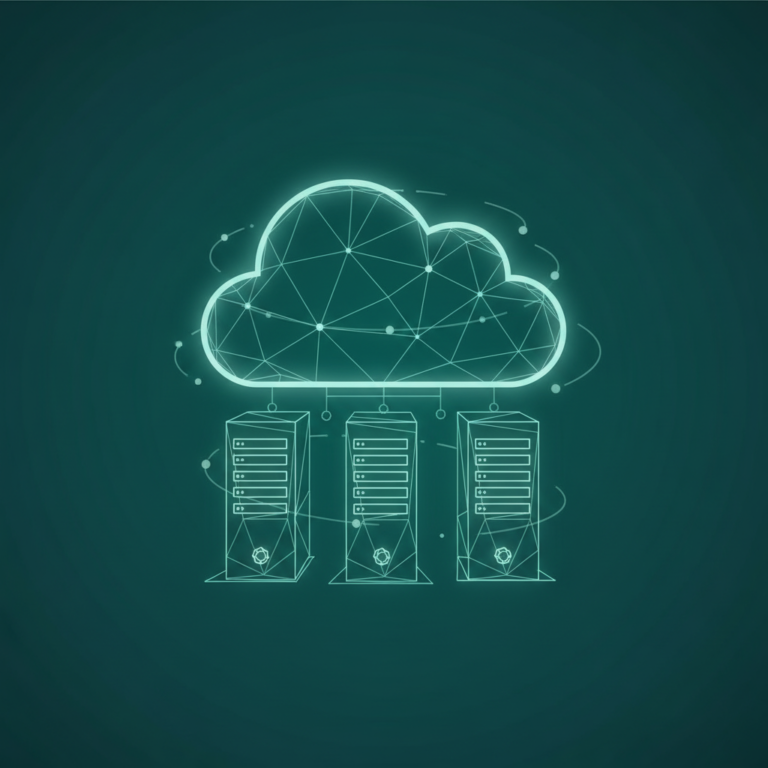 a stylized low-poly wireframe cloud silhouette with three small server-tower silhouettes rising from beneath it, gentle