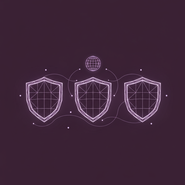 three stylized low-poly wireframe shield silhouettes arranged in a row with gentle connecting lines and a small globe-ic