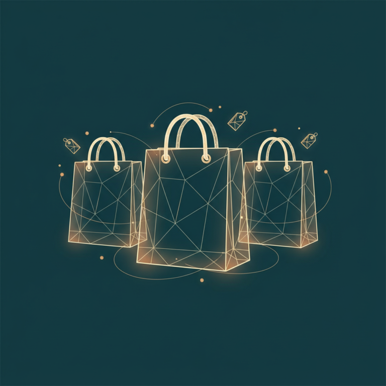 three stylized low-poly wireframe shopping-bag silhouettes arranged in a row with gentle connecting lines and small pric