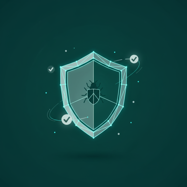 a stylized low-poly wireframe shield with a small bug-silhouette and a few orbiting checkmark icons