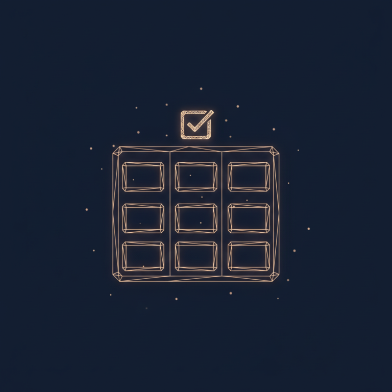 a stylized low-poly wireframe kanban-board with three columns of small card silhouettes and a small check-mark icon at t