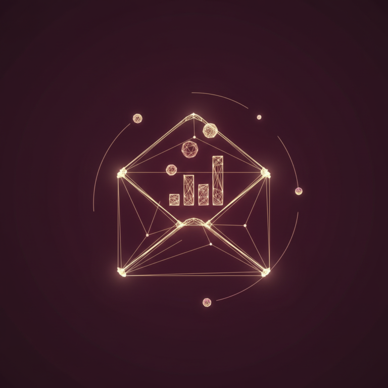 a stylized low-poly wireframe envelope opening to release a few small data-particles and a small chart-icon, gentle orbi