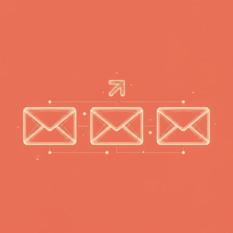 three stylized low-poly wireframe envelope silhouettes arranged in a row with gentle connecting lines and a small send-a