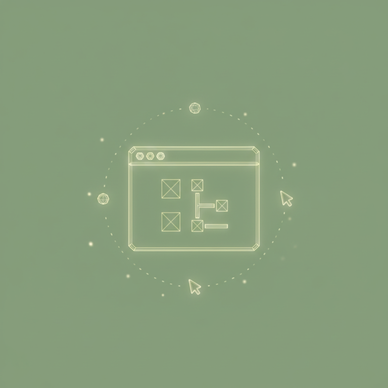 a stylized low-poly wireframe browser-window silhouette with a small layout-grid of blocks inside and gentle orbiting cu