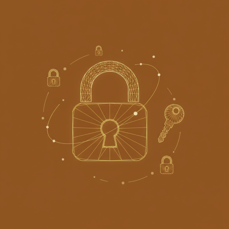 a stylized low-poly wireframe padlock silhouette with a small key icon beside it and a few orbiting smaller padlocks
