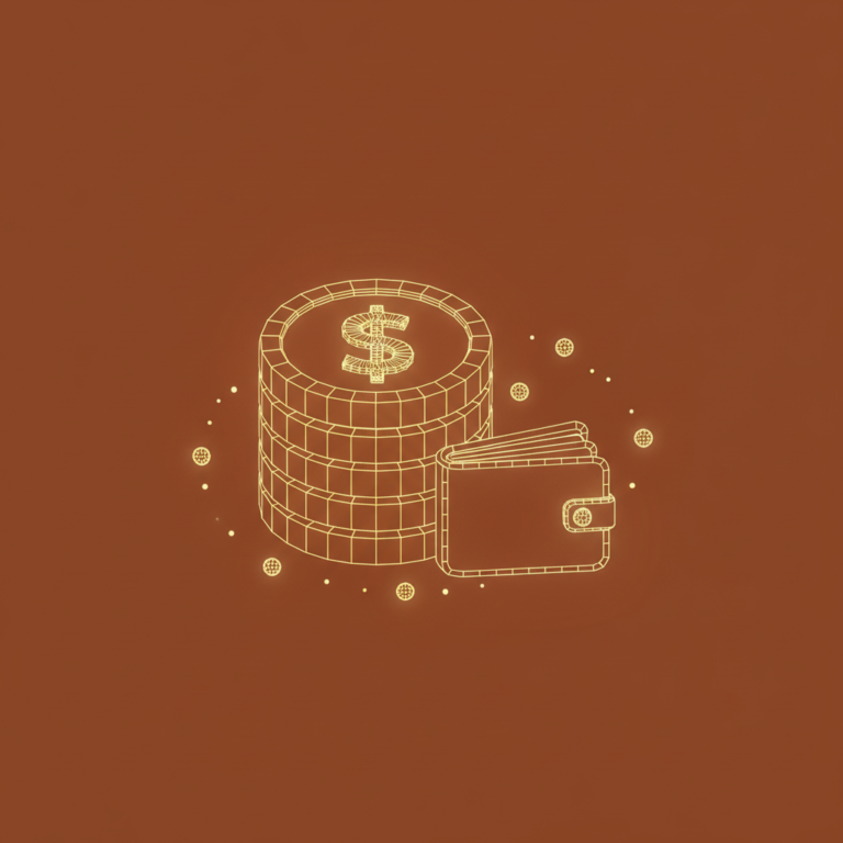 a stylized low-poly wireframe paycheck silhouette with a small dollar-coin and gentle stack-of-bills below
