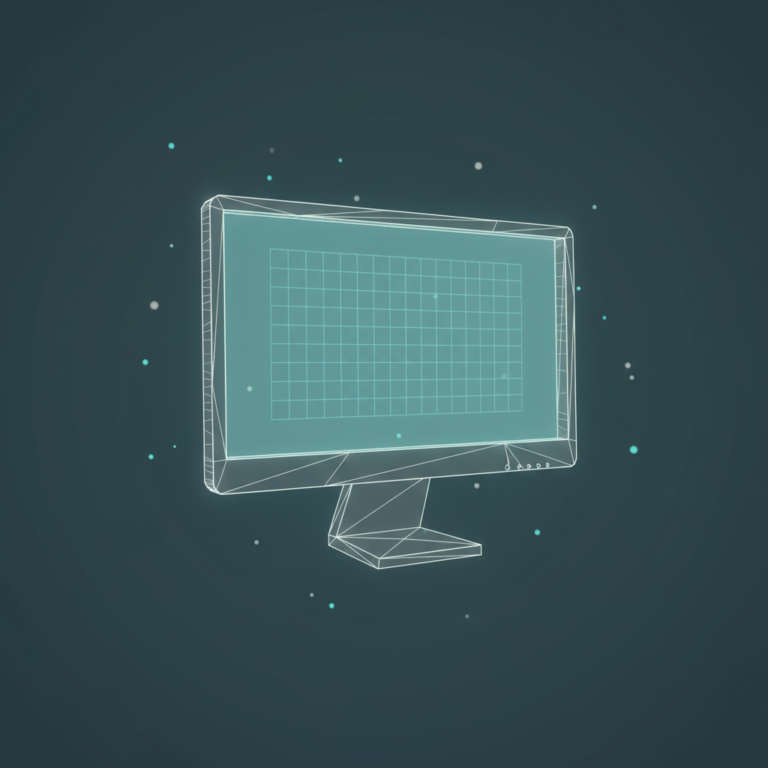 a stylized low-poly wireframe computer-monitor silhouette on a desk-stand with a small grid pattern glowing across its s