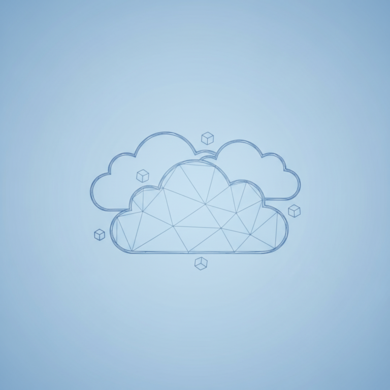 three stylized low-poly wireframe cloud silhouettes layered with slight offsets, gentle orbiting data-cube dots between
