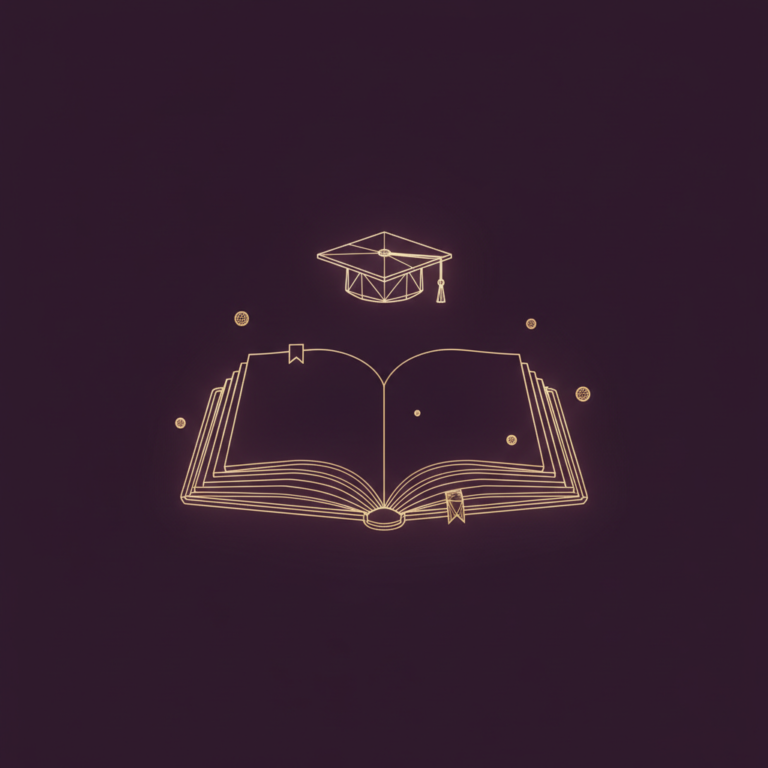 a stylized low-poly wireframe open-book with a small graduation-cap silhouette floating above and a few orbiting bookmar