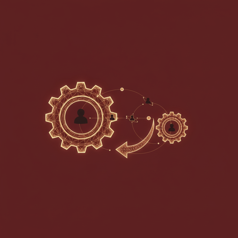 a stylized low-poly wireframe gear-and-arrow flow diagram with three small node silhouettes connected by gentle glowing