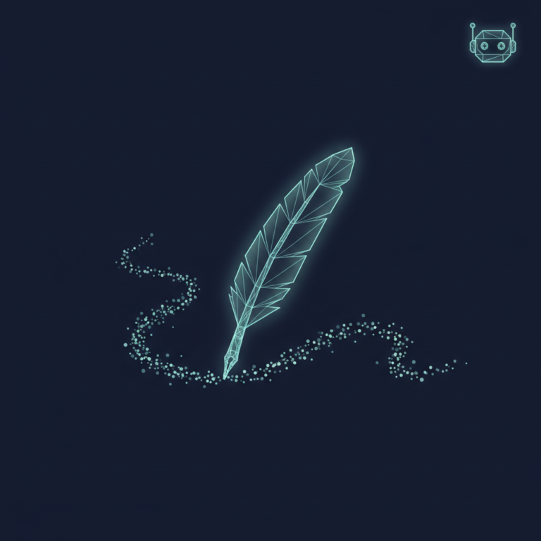 a stylized low-poly wireframe quill-pen drawing a line that turns into a stream of small data-particles, with a small ro