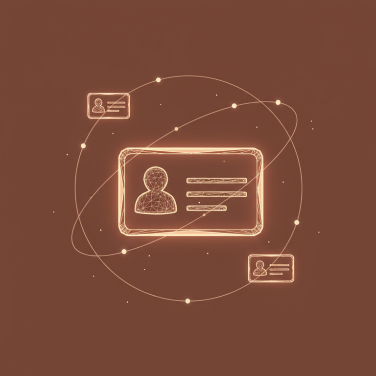 a stylized low-poly wireframe contact-card silhouette with three orbiting smaller card silhouettes connected by gentle l