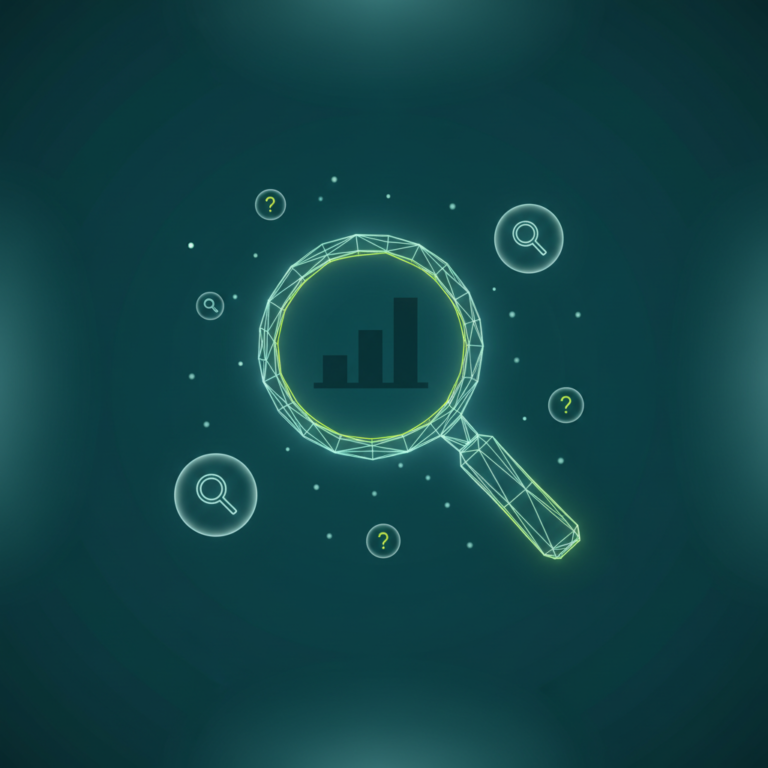 a stylized low-poly wireframe magnifying-glass over a small bar-chart silhouette, with a few orbiting search-query bubbl