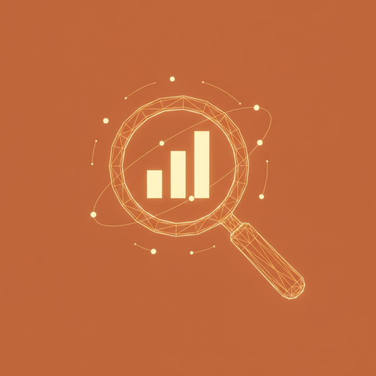 a stylized low-poly wireframe magnifying-glass with a single bar-chart inside its lens, gentle orbiting data dots