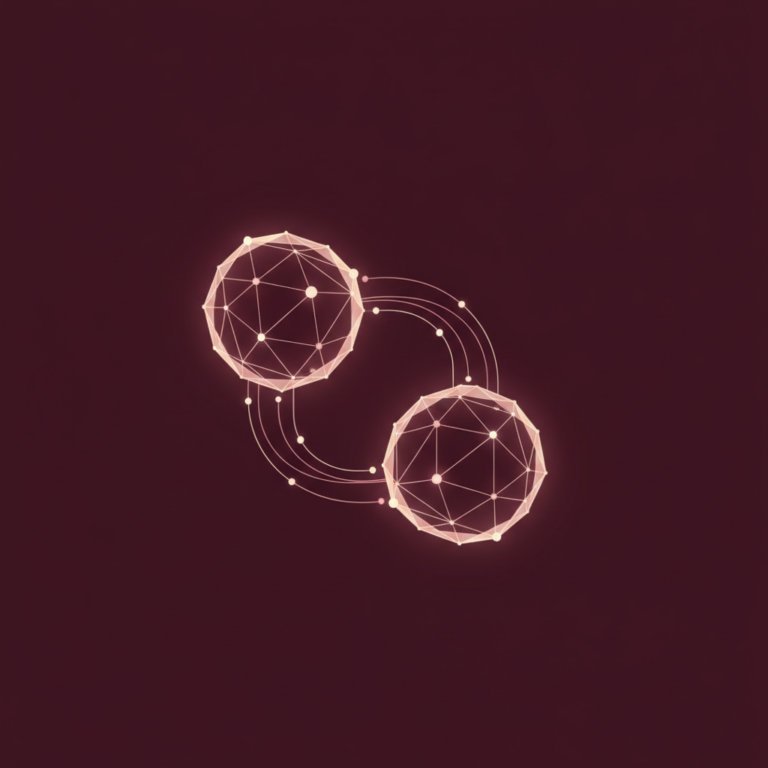 two stylized low-poly wireframe hub-icons connected by gentle glowing lines with small data-nodes orbiting between them