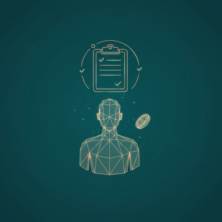 person with coin-disc and clipboard, payroll hero