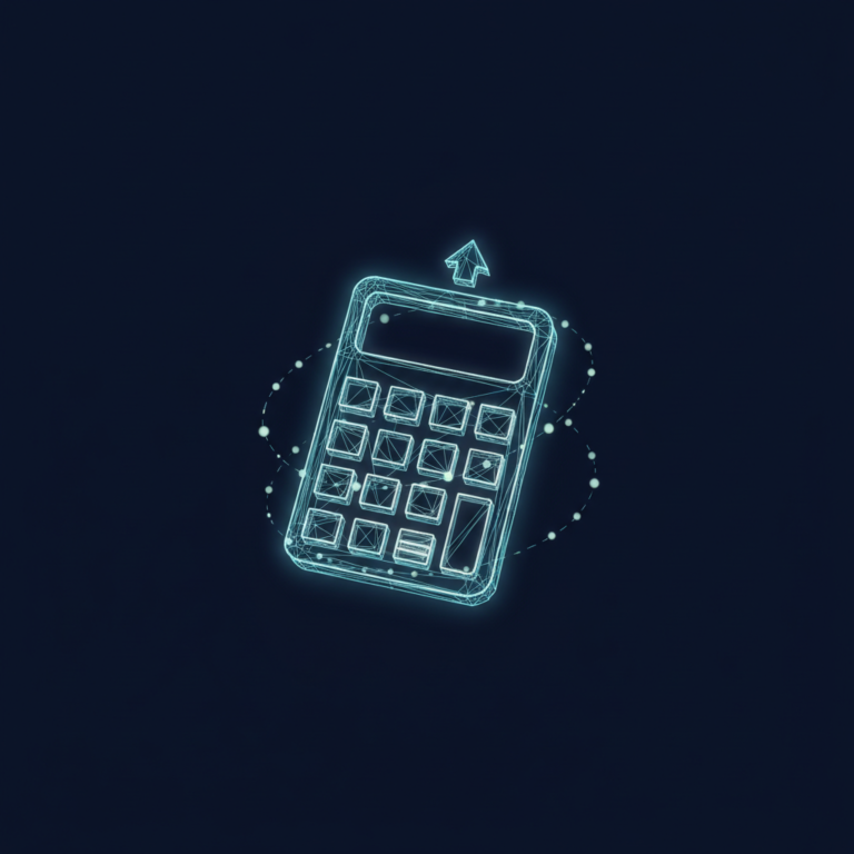 a stylized low-poly wireframe calculator silhouette with a small upward-trending arrow rising from its display and a few