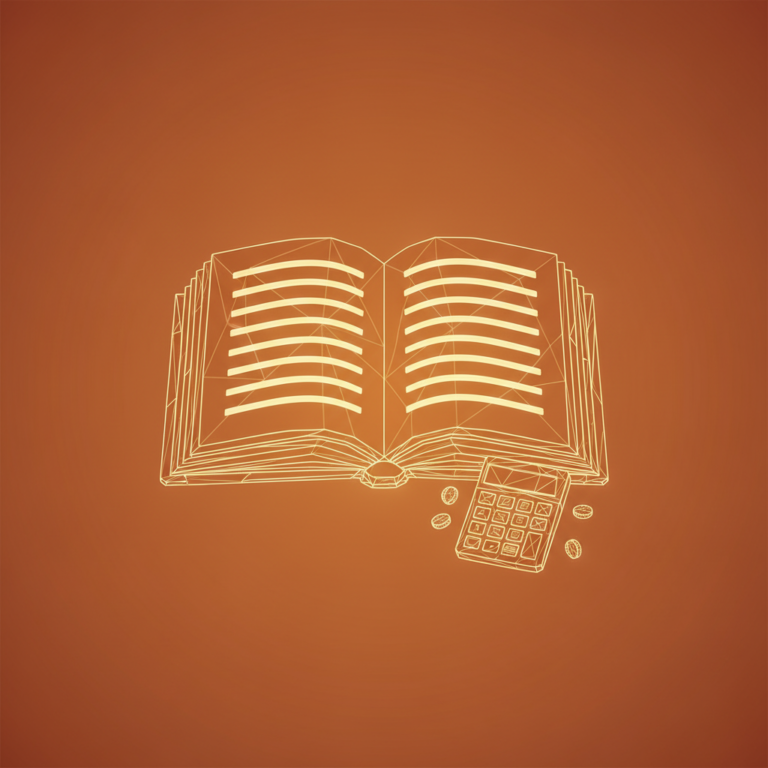 a stylized low-poly wireframe open ledger-book silhouette with horizontal rule-lines glowing across its pages and a smal