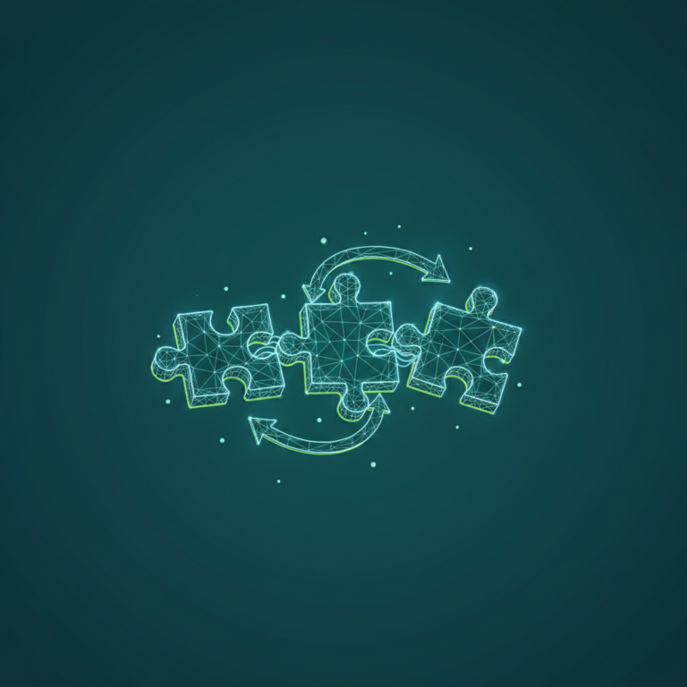 a stylized low-poly wireframe chain of three puzzle-piece silhouettes connected by gentle arrow-paths with small node-do