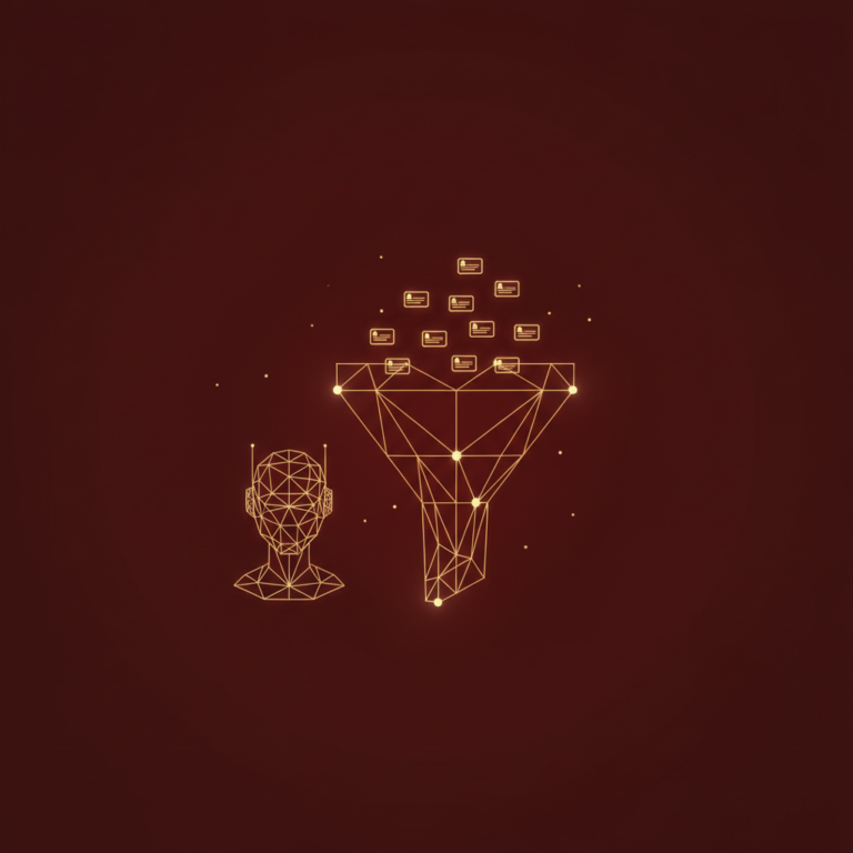 a stylized low-poly wireframe inverted-triangle sales-funnel silhouette with a small robot-head silhouette positioned be