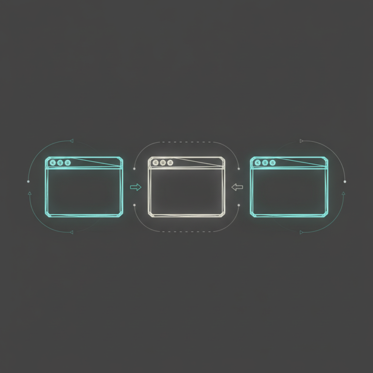 three stylized low-poly wireframe browser-window silhouettes arranged in a row with small comparison-arrow icons between