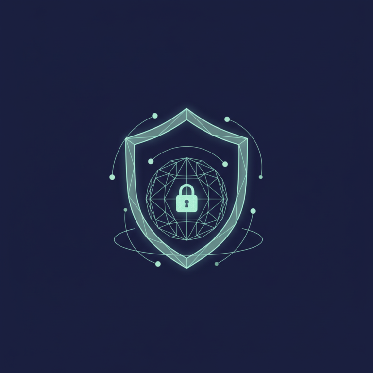 a stylized low-poly wireframe shield silhouette over a small globe icon with a tiny padlock silhouette centred and a few