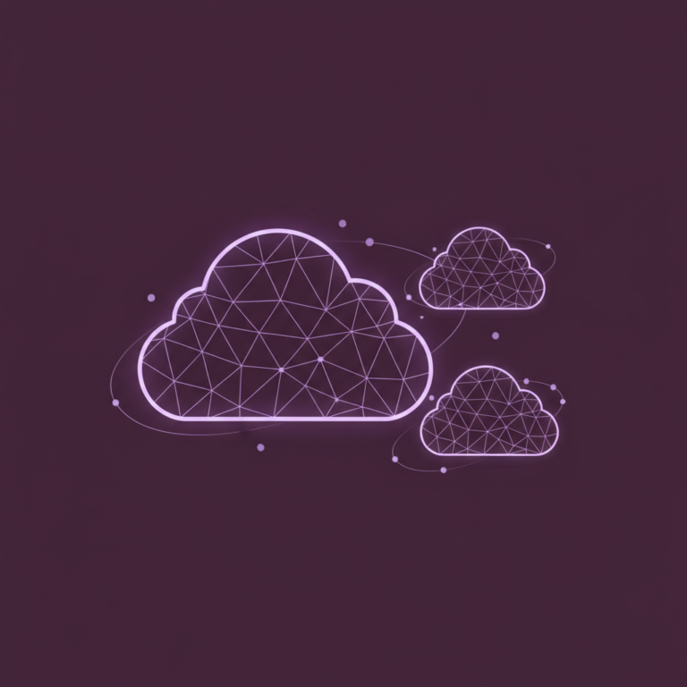 a stylized low-poly wireframe large cloud silhouette partially separating into three smaller cloud-fragment shapes with