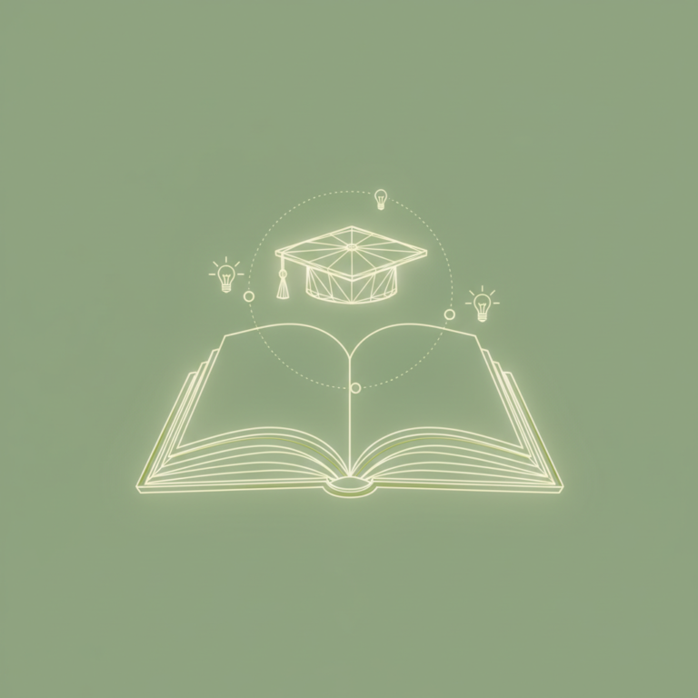 a stylized low-poly wireframe open-book silhouette with a small graduation-cap silhouette floating above its pages and t