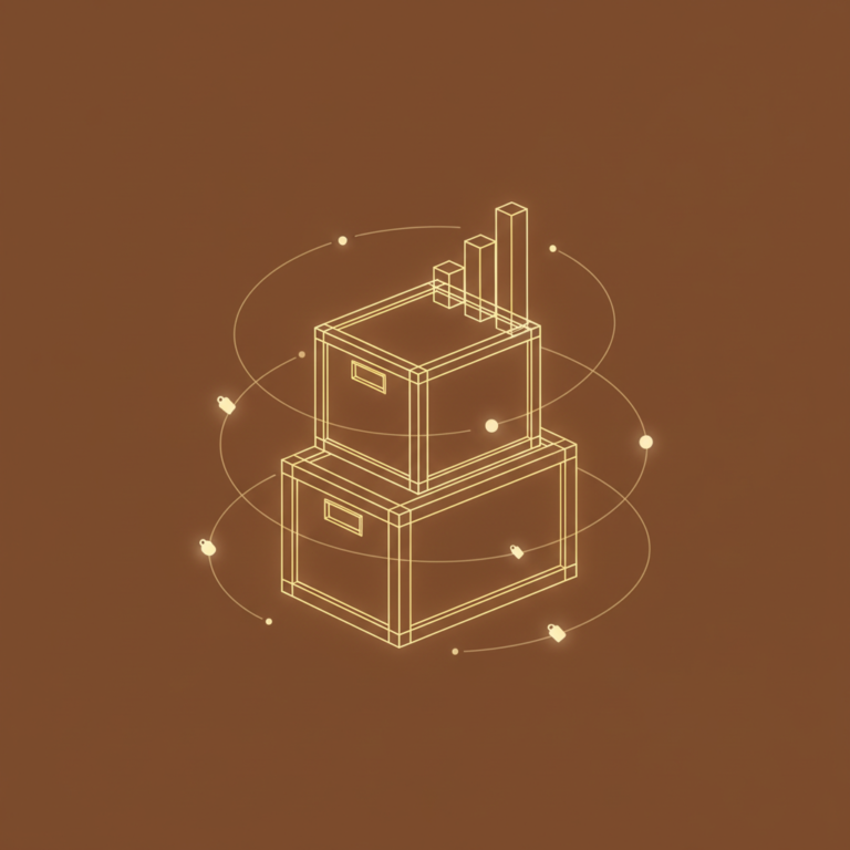 a stylized low-poly wireframe stacked-pallet silhouette of three cargo-box shapes with a small bar-chart rising beside i