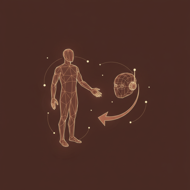 a stylized low-poly wireframe human-figure silhouette beside a smaller robot-head silhouette with a gentle handshake-arr