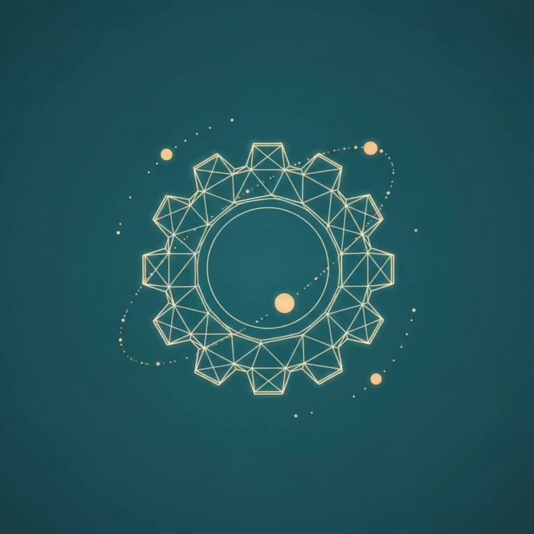 a stylized low-poly wireframe gear silhouette with three orbiting small nodes