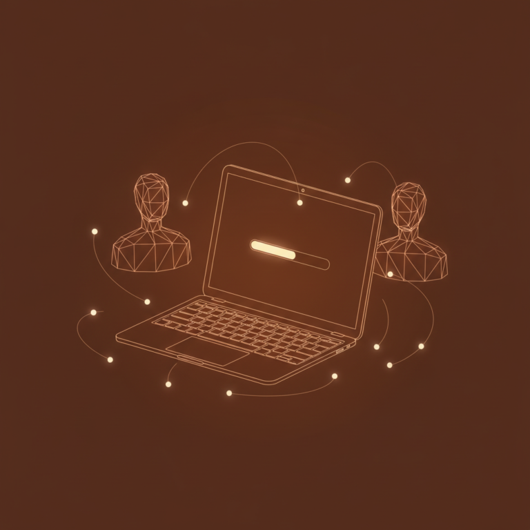 a stylized low-poly wireframe laptop silhouette open at an angle showing a small progress-bar on its screen, with two ab