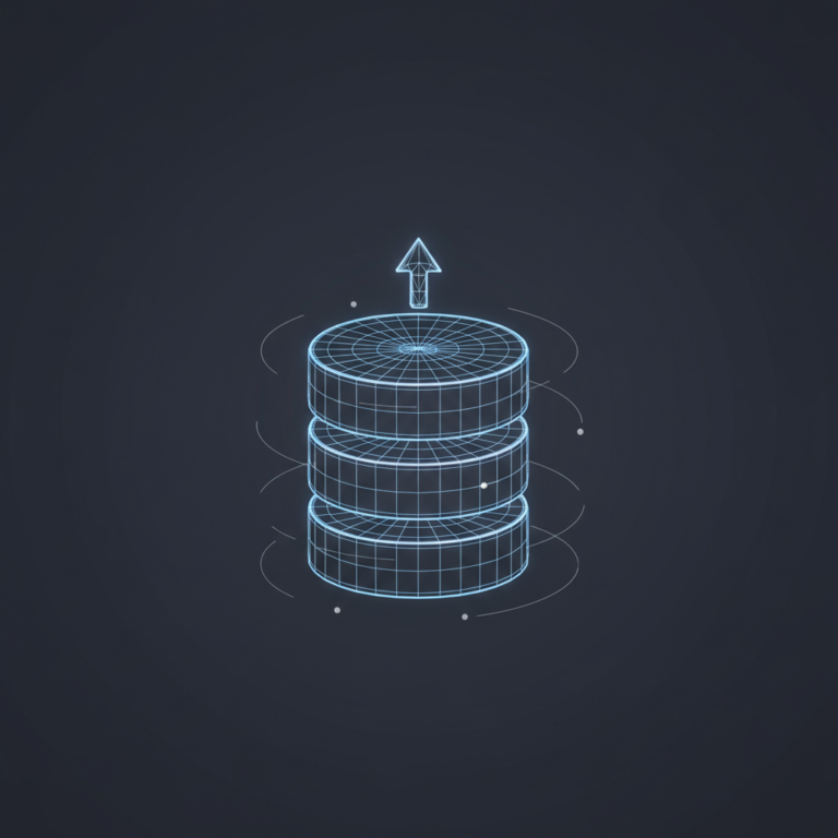a stylized low-poly wireframe stacked server-rack silhouette of three layered database-cylinder shapes with a few orbiti