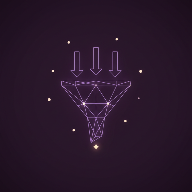 a stylized low-poly wireframe inverted-triangle funnel silhouette with three small flow-arrow lines entering the top and
