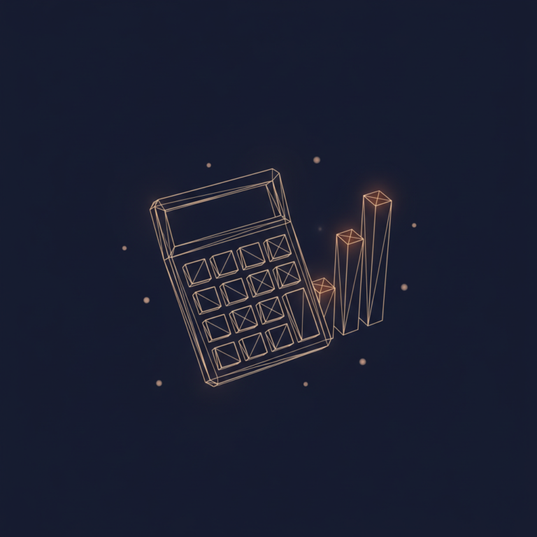 a stylized low-poly wireframe calculator with a small bar-chart rising beside it