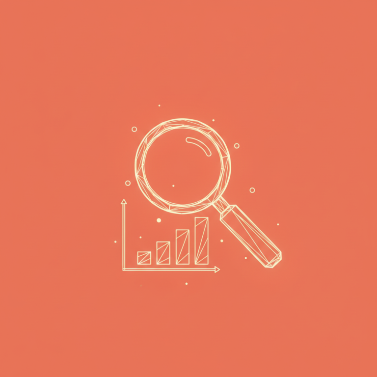 a stylized low-poly wireframe magnifying-glass over a small bar-chart silhouette