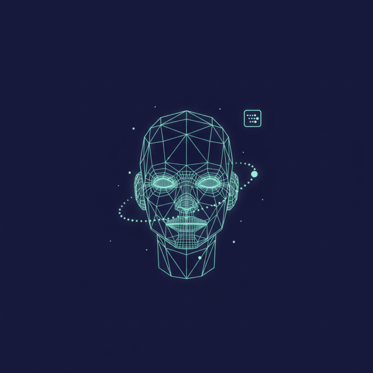 a stylized low-poly wireframe robot-head silhouette with a small data-stream icon