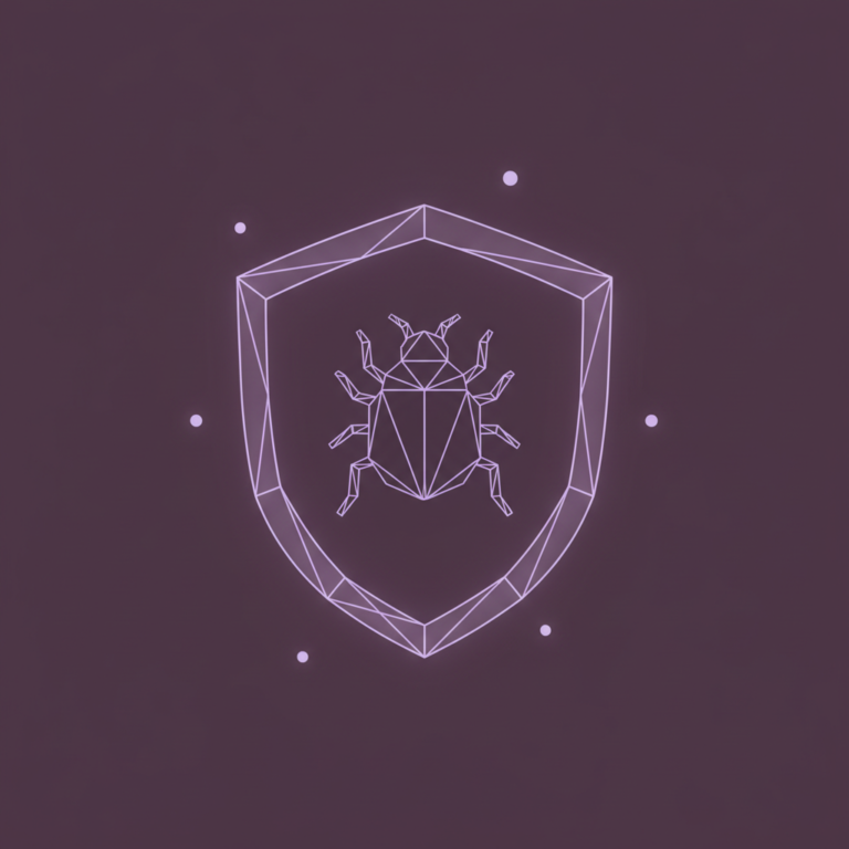 a stylized low-poly wireframe shield silhouette with a small bug-silhouette