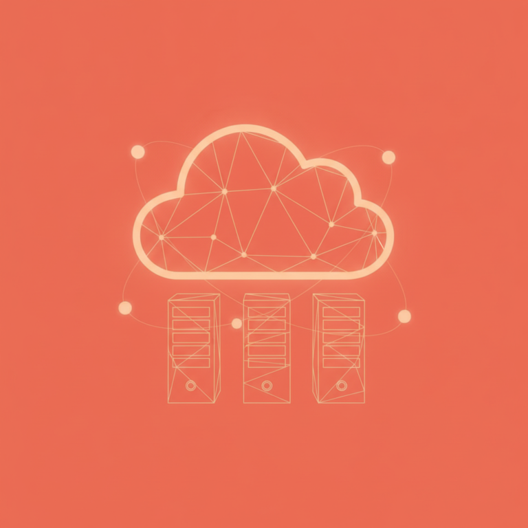 a stylized low-poly wireframe cloud silhouette with three small server-tower shapes arranged beneath it and a few gentle