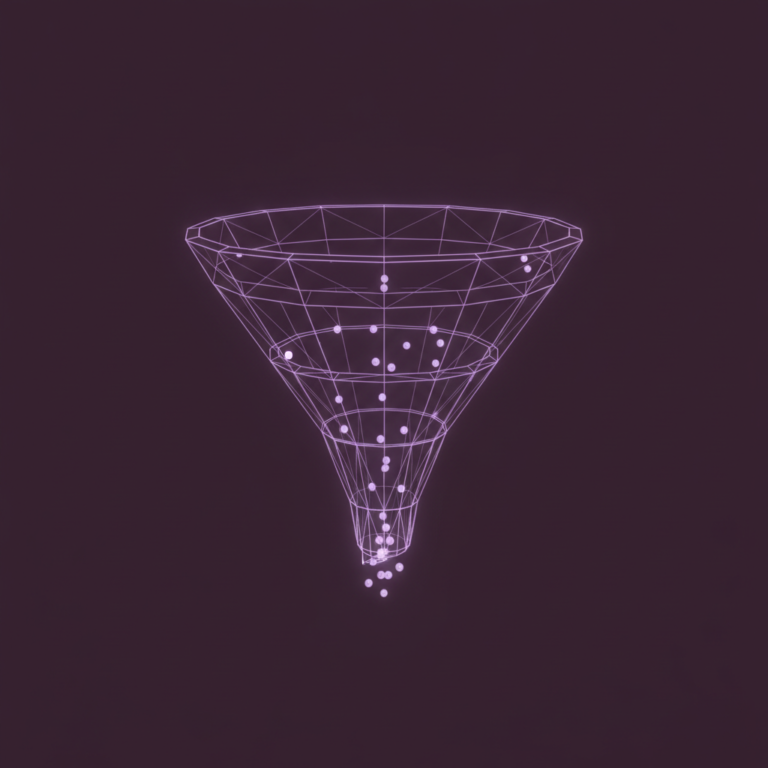 a stylized low-poly wireframe inverted-triangle funnel silhouette with three descending stage-bands visible inside and a