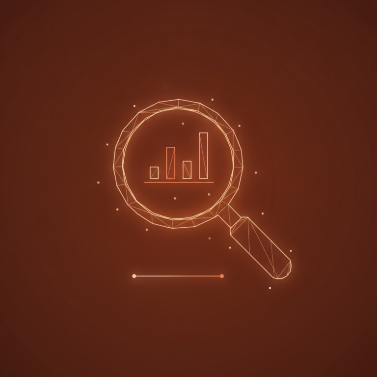 a stylized low-poly wireframe magnifying-glass silhouette with a small bar-chart visible inside its lens and a simple ba