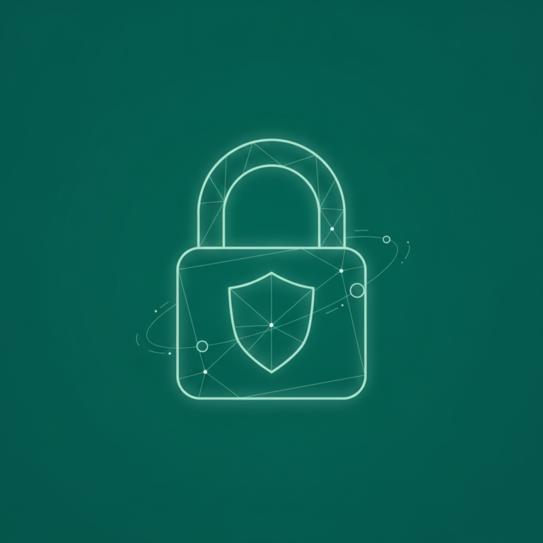 a stylized low-poly wireframe padlock silhouette with a small shield shape overlapping its lower face and a few orbiting
