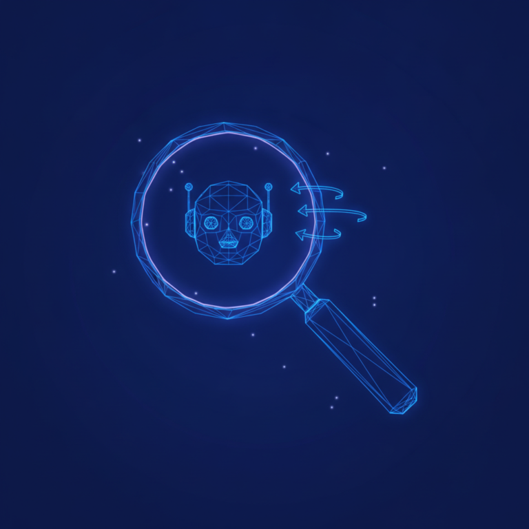 a stylized low-poly wireframe magnifying-glass with a small robot-head shape nested inside its lens and three small outw