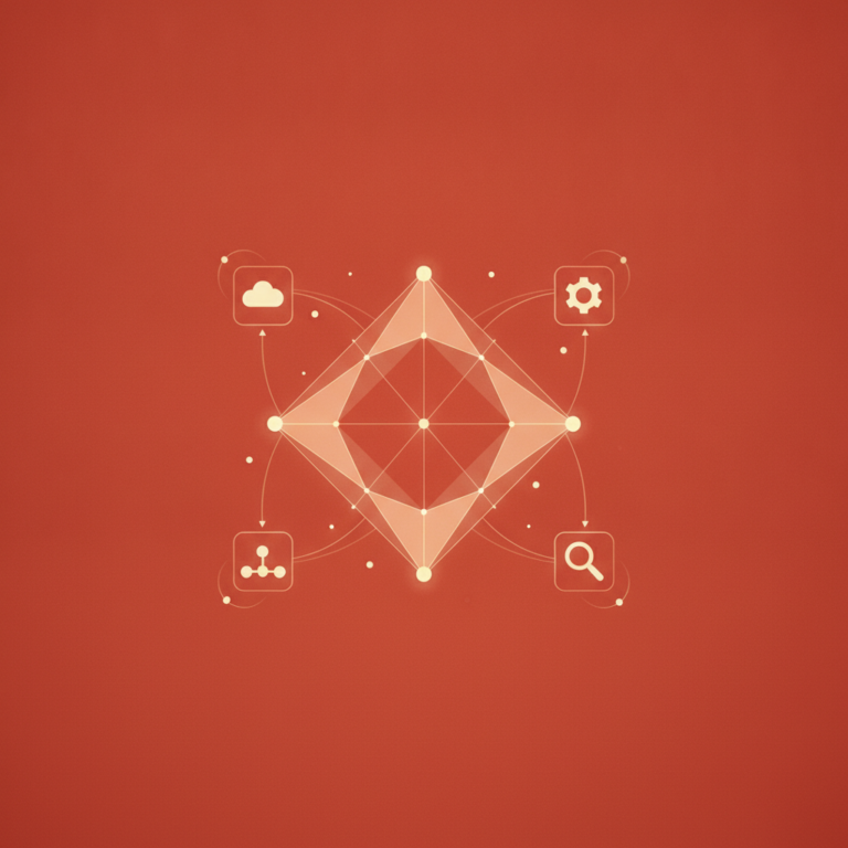 a stylized low-poly wireframe diamond-node shape with four small connected app-tile silhouettes at its corners linked by