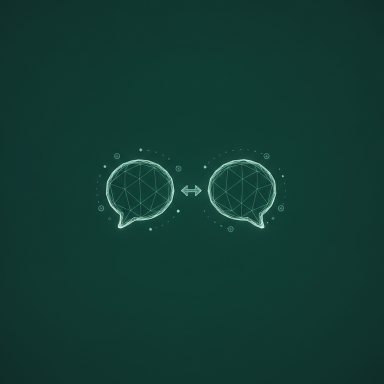 two stylized low-poly wireframe chat-bubble silhouettes facing each other with a small double-headed comparison-arrow be
