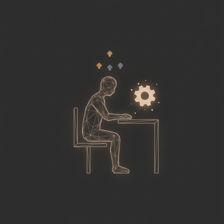 a stylized low-poly wireframe seated-person silhouette at a minimal desk shape with a small gear-icon floating to one si