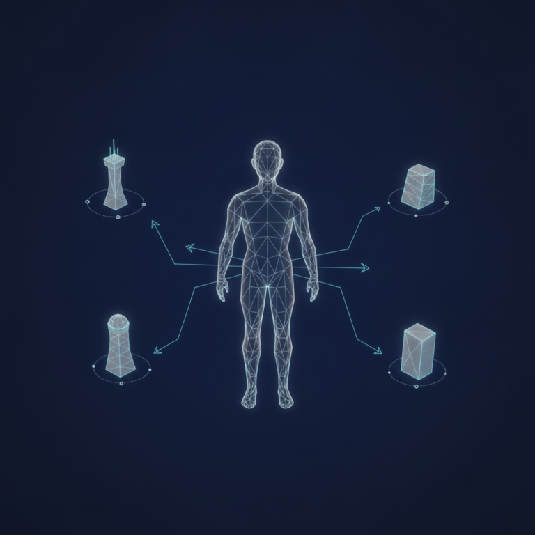 a stylized low-poly wireframe figure silhouette with three small branching-arrow lines radiating outward to three smalle