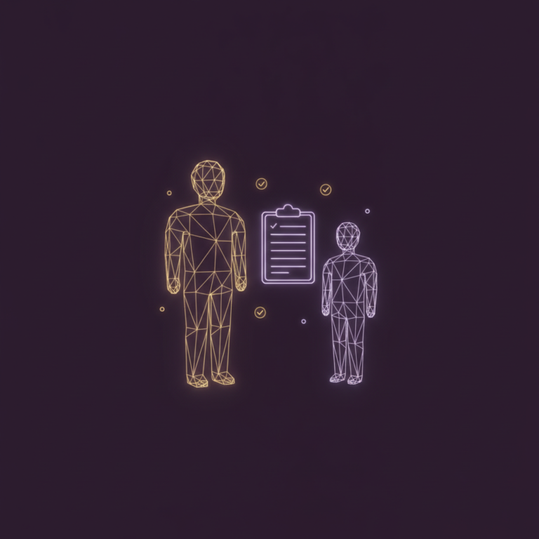 a stylized low-poly wireframe two-person silhouette pair — one larger onboarding-figure and one smaller new-joiner figur